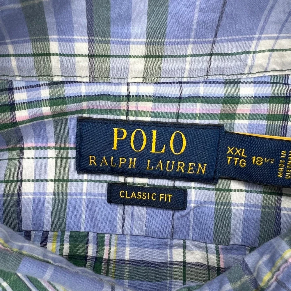 Polo Ralph Lauren Classic Fit Shirt Mens‎ 2XL Blue Green Plaid Cotton Stretch